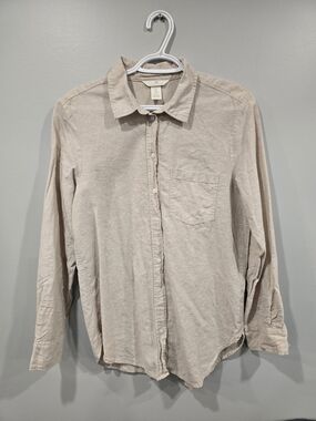 H&M Light Beige Long-Sleeve Casual Button-Down Shirt Linen Blend